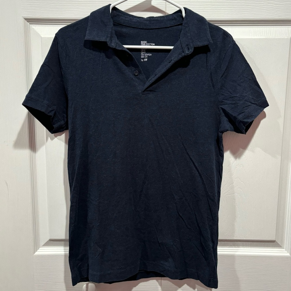 H&M Men's Basic Fine Cotton Stretch Short Sleeve Buttoned Polo Top -navy, size S